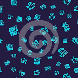 Set Cloud database, Computer vision, Futuristic weapon and Mechanical robot hand on seamless pattern. Vector