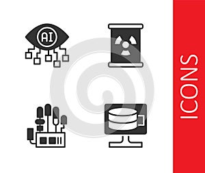 Set Cloud database, Computer vision, Mechanical robot hand and Radioactive waste in barrel icon. Vector