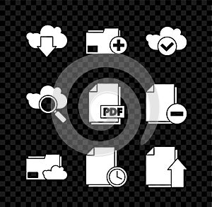 Set Cloud download, Add new folder, with check mark, storage text document, Document clock, Upload file, Search cloud