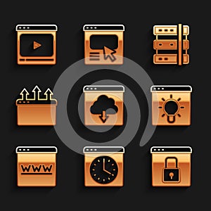 Set Cloud download, Browser window, Secure your site with HTTPS, SSL, Server and Online play video icon. Vector