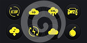 Set Cloud download music, Car sharing, Recharging, Music streaming service, Methane emissions reduction and icon. Vector