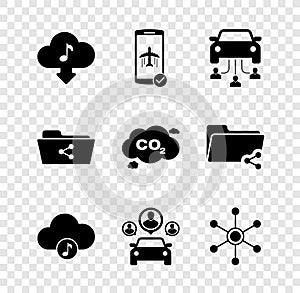 Set Cloud download music, Flight mode in the mobile, Car sharing, Music streaming service, and Network icon. Vector