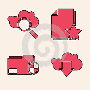 Set Cloud download, Search cloud computing, Document with star and Document folder protection icon. Vector