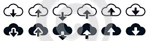 Set cloud download and upload icons. Flat sign for mobile and web design. Cloud with arrow up and down simple outline and filled