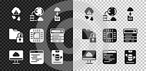 Set Cloud hacking, Network cloud connection, technology data transfer, Software, Server, Data, Web Hosting, Folder and