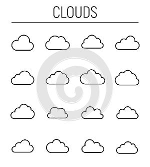 Set of cloud icons in modern thin line style.
