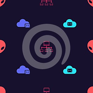 Set Cloud mail server, , Computer network and Alien on seamless pattern. Vector