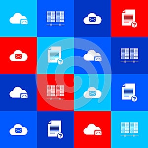 Set Cloud mail server, Server, Data, Web Hosting, and Unknown document icon. Vector