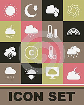 Set Cloud with moon, rain, Rainbow, and, Sun and Meteorology thermometer icon. Vector