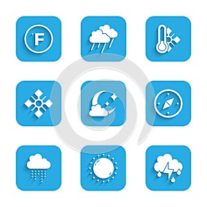 Set Cloud with moon, Sun, rain and lightning, Compass, Snowflake, Meteorology thermometer and Fahrenheit icon. Vector