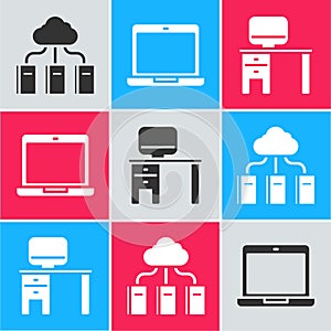 Set Cloud or online library, Laptop and Computer monitor and desk icon. Vector