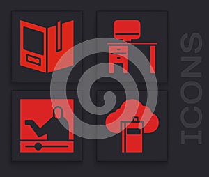 Set Cloud or online library, Open book, Computer monitor and desk and Online education icon. Vector