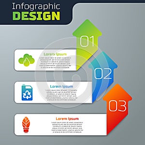 Set Cloud with rain, Eco fuel canister and Light bulb with leaf. Business infographic template. Vector
