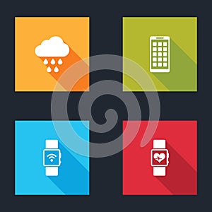 Set Cloud with rain, Mobile Apps, Smartwatch wireless and heart beat rate icon. Vector