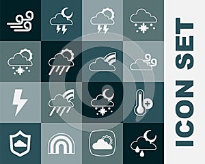 Set Cloud with rain and moon, Meteorology thermometer, Windy weather, Storm, sun, snow, and Rainbow clouds icon. Vector