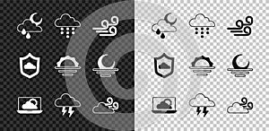 Set Cloud with rain and moon, Windy weather, Weather forecast, Storm, and Sunrise icon. Vector