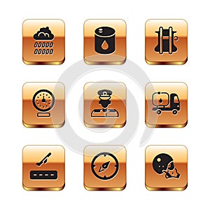 Set Cloud with rain, Plane takeoff, Compass, Pilot, Clock, Parachute, Modern pilot helmet and Barrel oil icon. Vector