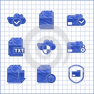 Set Cloud and shield, Delete file document, Document folder protection, Folder lock, with download, TXT, check mark and