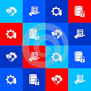 Set Cloud and shield, Server, Data, Web Hosting, Cost reduction and security with lock icon. Vector