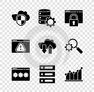 Set Cloud and shield, Server gear, Secure your site with HTTPS, SSL, Password protection, Server, Data, Web Hosting, Pie