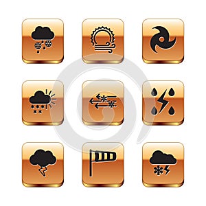 Set Cloud with snow and rain, Storm, Cone meteorology windsock wind vane, Wind, Cloudy, Tornado, lightning and sun icon