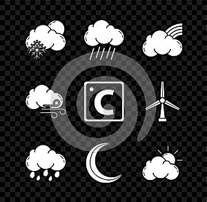 Set Cloud with snow and sun, rain, Rainbow clouds, Moon stars, Sun weather, Windy and Celsius icon. Vector