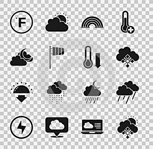 Set Cloud with snow and sun, rain, Rainbow, Cone windsock wind vane, moon, Fahrenheit and Meteorology thermometer icon