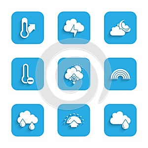 Set Cloud with snow and sun, Sunrise, rain, Rainbow, Meteorology thermometer, moon and icon. Vector