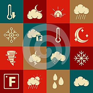 Set Cloud, Snowflake, Moon and stars, Sunrise, Fahrenheit cloud, Thermometer and icon. Vector
