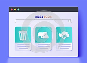 Set Cloud storage text document folder, Trash can and Cloud download and upload icon. Vector