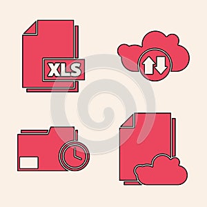 Set Cloud storage text document, XLS file document, Cloud download and upload and Document folder with clock icon