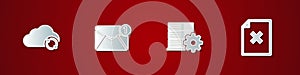 Set Cloud sync refresh, New, email incoming message, Server setting and Delete file document icon. Vector