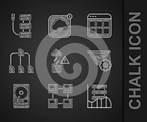Set Cloud technology data transfer, Hierarchy organogram chart, Server, Data, Web Hosting, Filter setting, Hard disk
