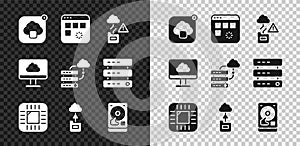 Set Cloud technology data transfer, Loading window, Processor with CPU, Hard disk drive HDD, and Network cloud