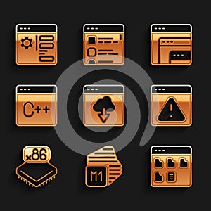 Set Cloud technology data transfer, Processor, Browser files, with exclamation mark, microcircuits CPU, Software, and