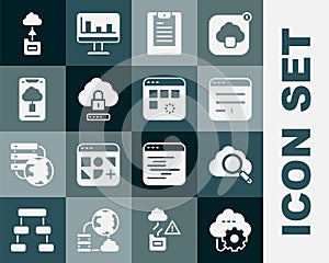 Set Cloud technology data transfer, Search cloud computing, Browser window, Server, Data report, lock, and Loading icon