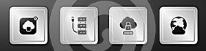 Set Cloud technology data transfer, Server, computing lock and Social network icon. Silver square button. Vector