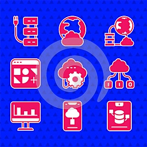 Set Cloud technology data transfer, Server, Data, Web Hosting, Monitor with graph chart, Different files, Network cloud