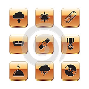 Set Cloud upload, Covered with tray of food, Storm, Wrist watch, Sofa and Chain link icon. Vector