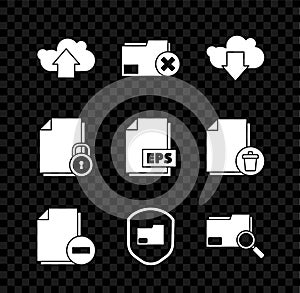Set Cloud upload, Delete folder, download, Document with minus, protection, Search concept, and lock and EPS file