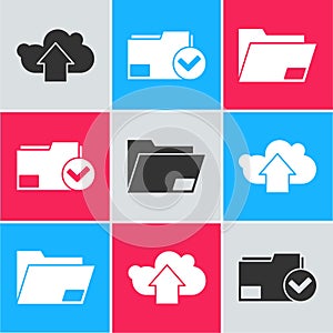 Set Cloud upload, Document folder and check mark and Document folder icon. Vector