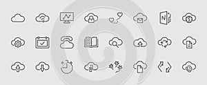 Set of cloud vector line icon. It contains symbols to upload, download, link and more. Editable move. 32x32 pixels.