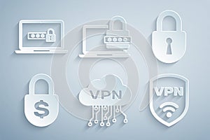 Set Cloud VPN interface, Lock, Money lock, Shield with wireless, Laptop password and icon. Vector
