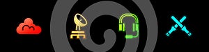 Set Cloud weather, Radar, Headphones with microphone and Marshalling wands icon. Vector