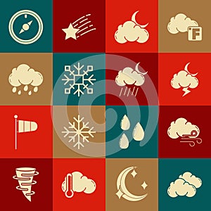 Set Cloud, Windy weather, Storm, with moon and stars, Snowflake, rain, rose and icon. Vector