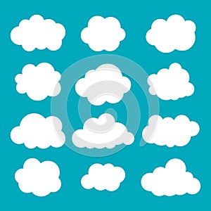 Set of clouds in blue sky. Cloud icon shape. Collection of different clouds, label, symbol. Graphic vector design element for logo