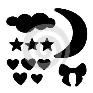 A set of clouds, hearts, stars, bow and moon. Black silhouette isolated on white background. Collection for cute design. Vector