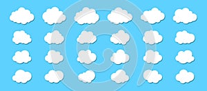 Set of clouds with shadow. Fluffy clouds collections in flat style isolated on blue background