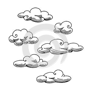 A set of clouds in the sky, design elements, weather phenomena, black ink lines