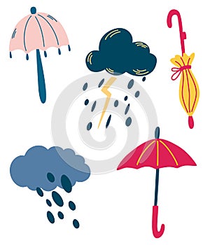 Set of clouds and umbrellas. Rainy weather. Thunderstorm, rain, clouds. Cute Abstract umbrellas. Weather forecast. Various